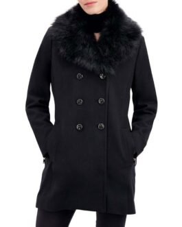 Women’s Faux Fur Trim Black Wool Peacoat