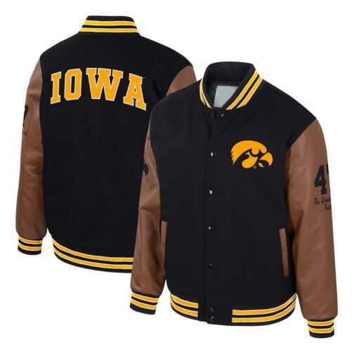 Iowa Hawkeyes Black and Brown Letterman Jacket - Image 3