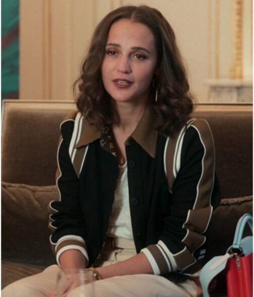 Alicia Vikander Irma Vep Mira Varsity Wool Black and Brown Jacket - Image 9