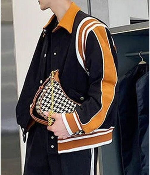 Alicia Vikander Irma Vep Mira Varsity Wool Black and Brown Jacket - Image 6
