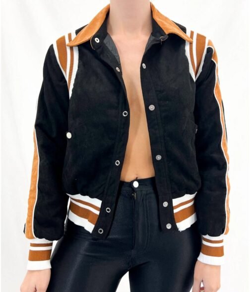 Alicia Vikander Irma Vep Mira Varsity Wool Black and Brown Jacket