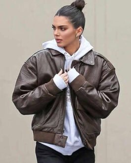 Kendall Jenner Brown Bomber Leather Jacket