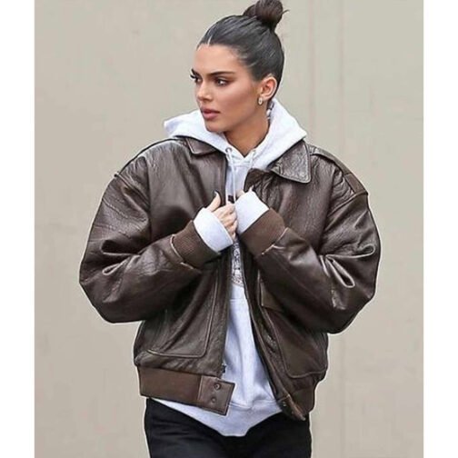 Kendall Jenner Brown Bomber Leather Jacket - Image 2