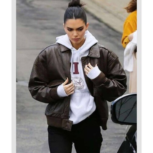 Kendall Jenner Brown Bomber Leather Jacket - Image 5