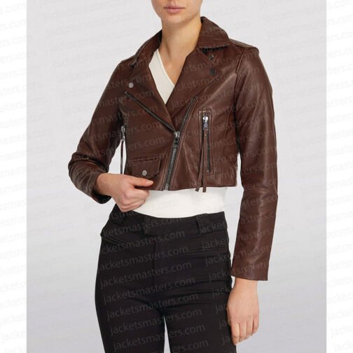 Legacies S04 Danielle Rose Russell Cropped Brown Leather Jacket - Image 3