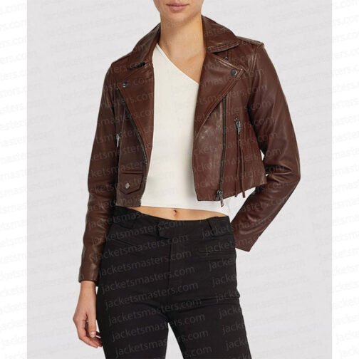 Legacies S04 Danielle Rose Russell Cropped Brown Leather Jacket - Image 5
