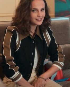 Alicia Vikander Irma Vep Mira Varsity Wool Black and Brown Jacket