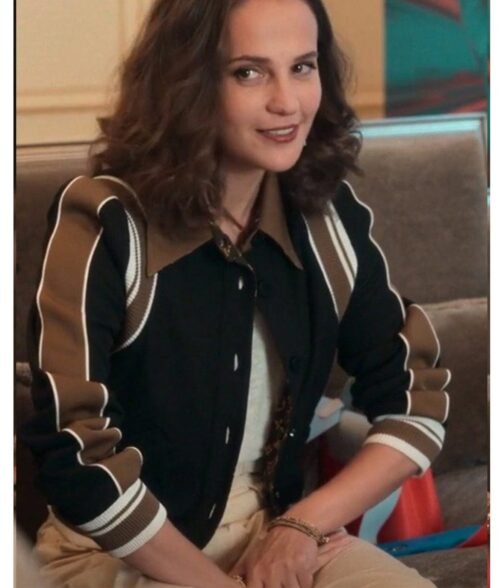 Alicia Vikander Irma Vep Mira Varsity Wool Black and Brown Jacket - Image 2