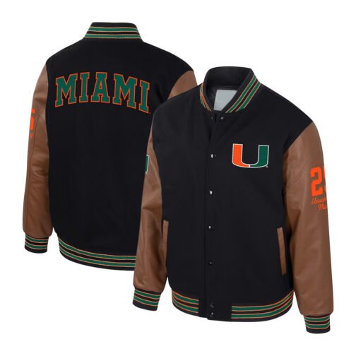 Miami Hurricanes Black and Brown Varsity Jacket - Image 3