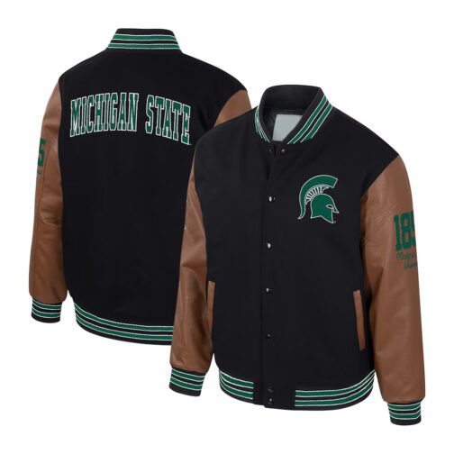 Michigan State Spartans Black and Brown Letterman Jacket - Image 3