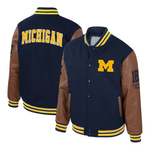 Michigan Wolverines Navy and Brown Letterman Jacket - Image 3