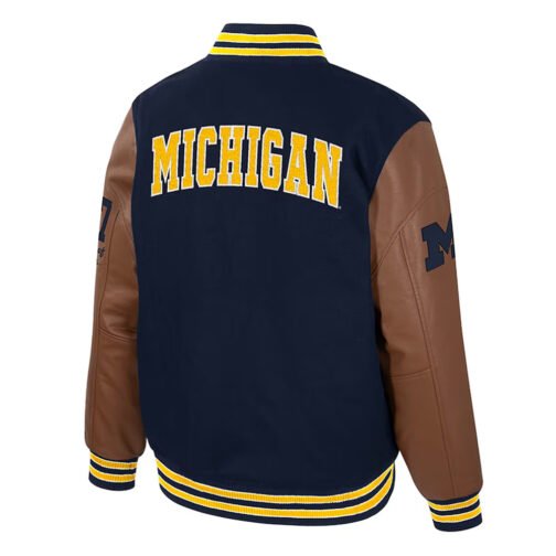 Michigan Wolverines Navy and Brown Letterman Jacket - Image 2