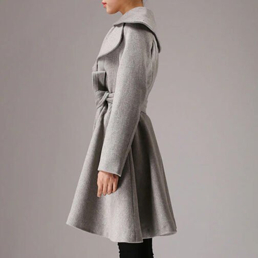 Women’s Mid-Length Gray Belted Wool Coat - Image 4