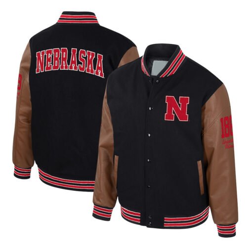 Nebraska Huskers Black and Brown Letterman Jacket - Image 3