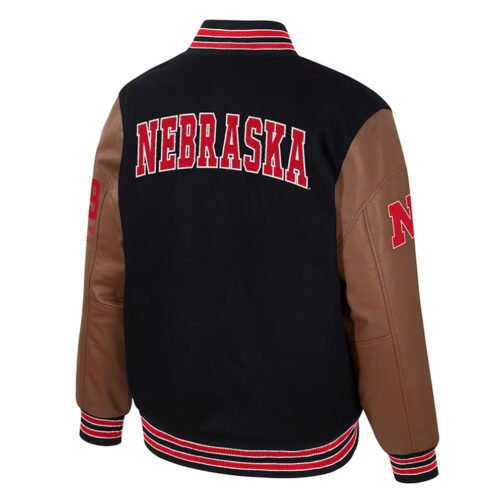 Nebraska Huskers Black and Brown Letterman Jacket - Image 2
