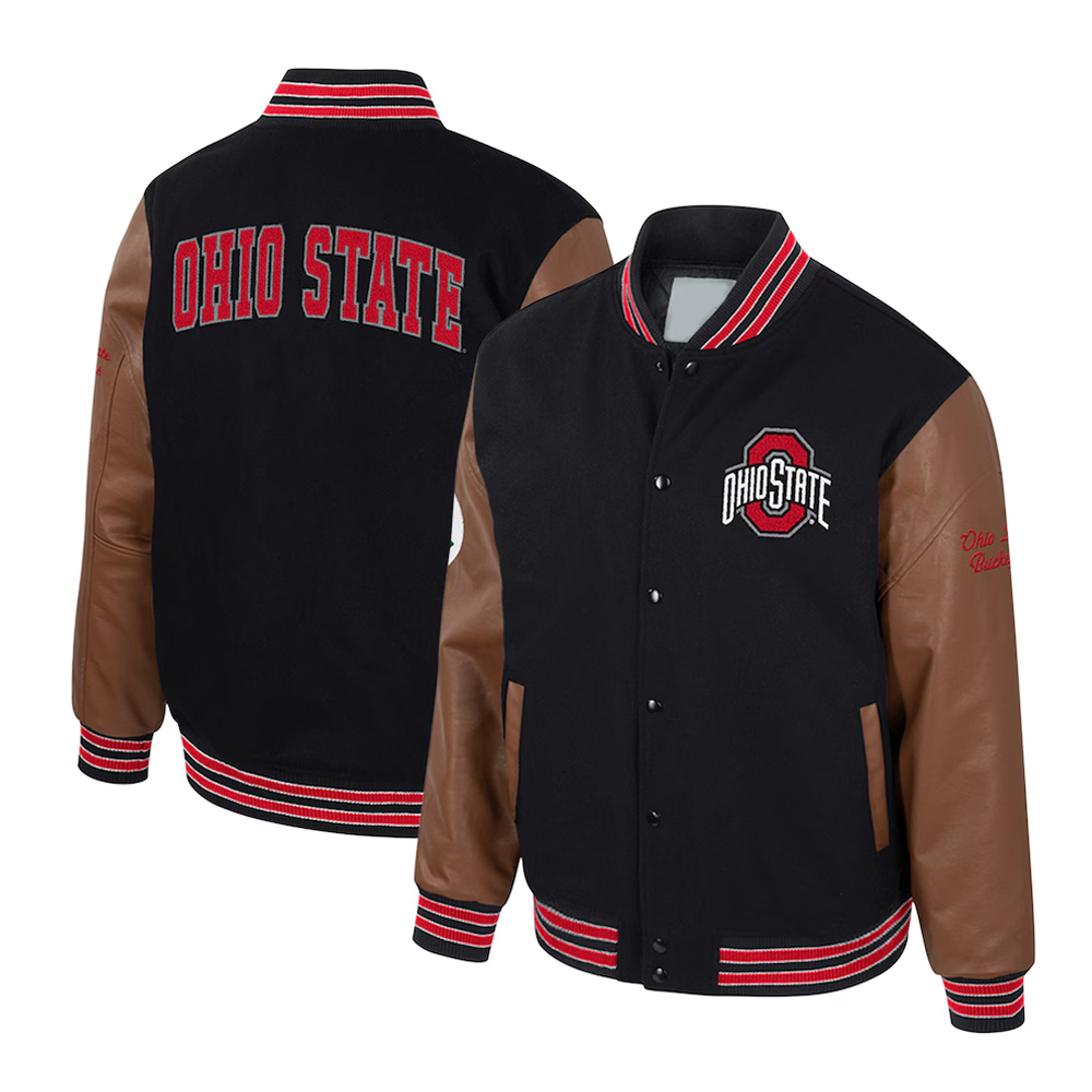 Ohio State Buckeyes Black and Brown Letterman Jacket - Image 3