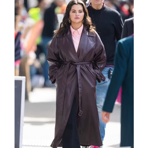 Selena Gomez Only Murders in the Building Brown Leather Coat - Image 4