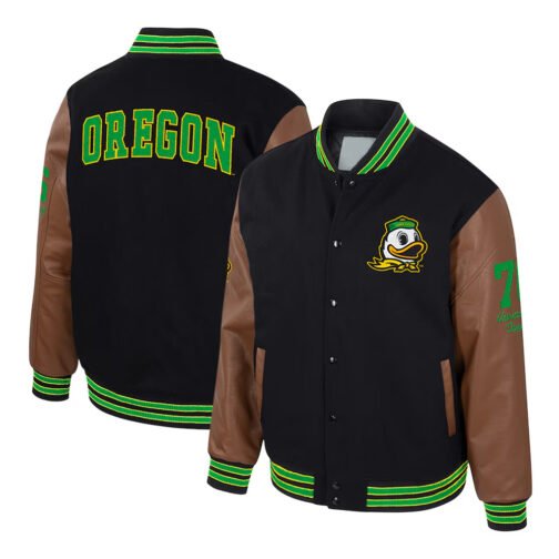 Oregon Ducks Navy and Brown Letterman Jacket - Image 3