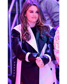 Selena Gomez Black and White Leather Trench Coat