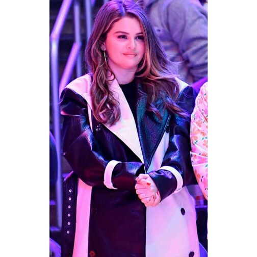 Selena Gomez Black and White Leather Trench Coat - Image 2