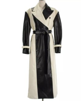 Selena Gomez Black and White Leather Trench Coat