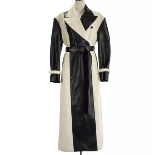 Selena Gomez Black and White Leather Trench Coat