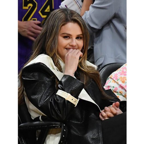 Selena Gomez Black and White Leather Trench Coat - Image 9