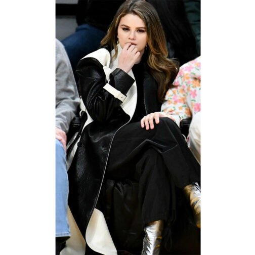 Selena Gomez Black and White Leather Trench Coat - Image 6