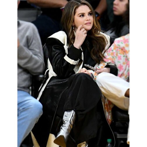 Selena Gomez Black and White Leather Trench Coat - Image 7