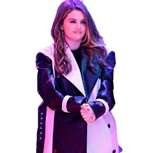 Selena Gomez Black and White Leather Trench Coat - Image 10