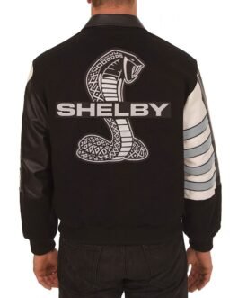 Embroidered Shelby Wool Black and Gray Leather Jacket