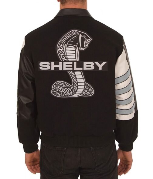 Embroidered Shelby Wool Black and Gray Leather Jacket - Image 2