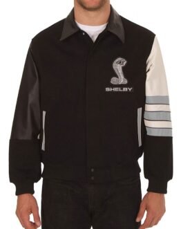 Embroidered Shelby Wool Black and Gray Leather Jacket