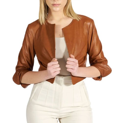 Women’s Bolero Tan Leather Jacket - Image 3