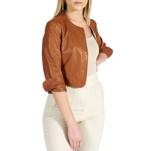 Women’s Bolero Tan Leather Jacket - Image 5