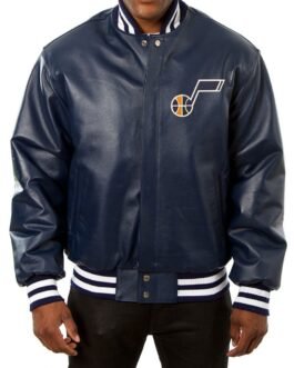 Varsity Utah Jazz Navy Blue Leather Jacket