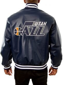 Varsity Utah Jazz Navy Blue Leather Jacket