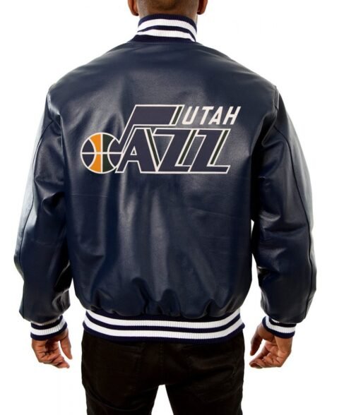 Varsity Utah Jazz Navy Blue Leather Jacket - Image 2