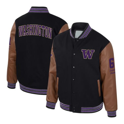 Washington Huskies Black and Brown Letterman Jacket - Image 3