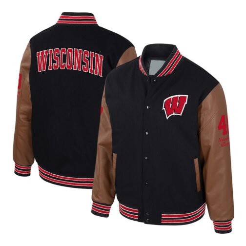 Wisconsin Badgers Black and Brown Letterman Jacket - Image 3