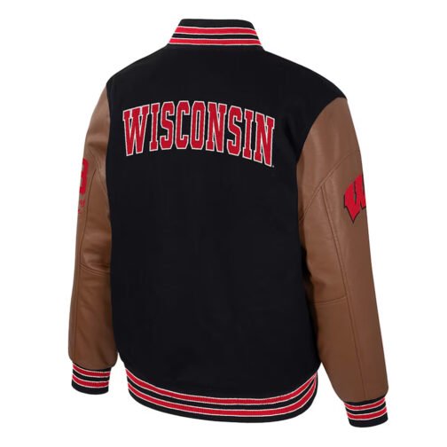 Wisconsin Badgers Black and Brown Letterman Jacket - Image 2