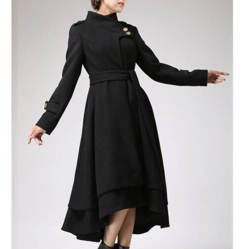 Women’s Asymmetrical Hem Black Swing Wool Coat - Image 6