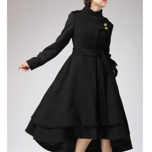 Women’s Asymmetrical Hem Black Swing Wool Coat - Image 4