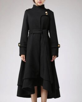 Women’s Asymmetrical Hem Black Swing Wool Coat