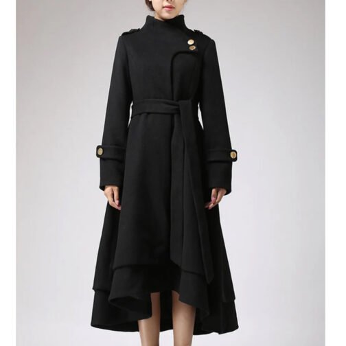 Women’s Asymmetrical Hem Black Swing Wool Coat