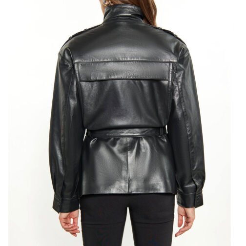 Women’s Red Long Belted Leather Jacket - Image 10