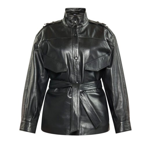 Women’s Red Long Belted Leather Jacket - Image 5
