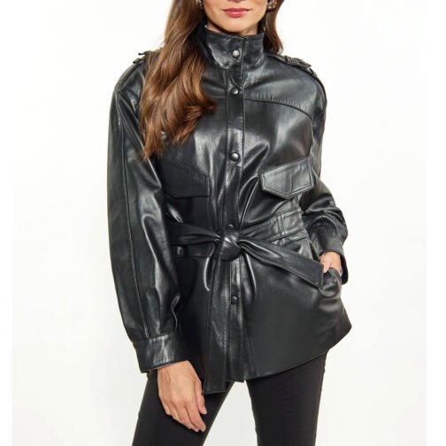 Women’s Red Long Belted Leather Jacket - Image 16