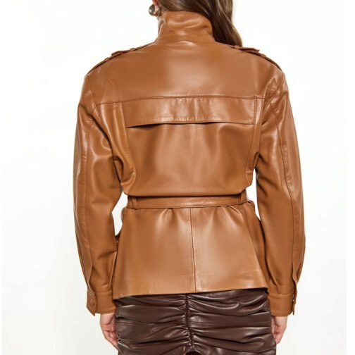 Women’s Red Long Belted Leather Jacket - Image 7