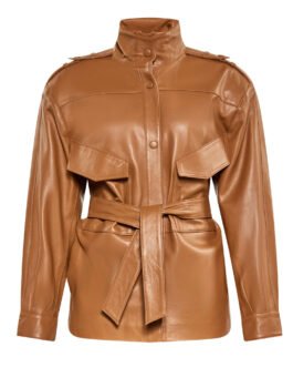 Women’s Red Long Belted Leather Jacket